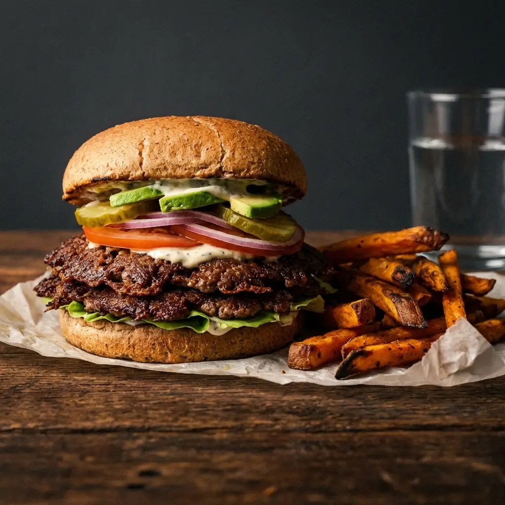 Smash Burger with Sweet Potato Fries